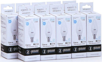 Лампа светодиодная Gauss Elementary 8Вт цок.:E14 свеча 220B 6500K св.свеч.бел.хол. C37 (упак.:10шт) (33138) от магазина РЭССИ