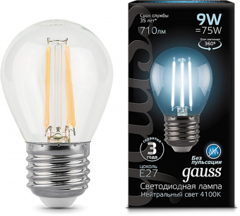 Лампа филам. Gauss 9Вт цок.:E27 шар 220B 4100K св.свеч.бел.ней. G45 (упак.:10шт) (105802209) от магазина РЭССИ