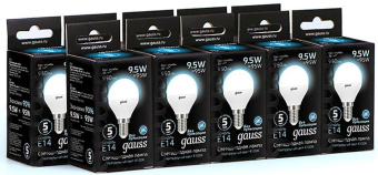 Лампа светодиодная Gauss 9.5Вт цок.:E14 шар 220B 4100K св.свеч.бел.ней. (упак.:10шт) (105101210) от магазина РЭССИ