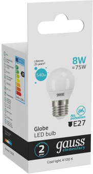 Лампа светодиодная Gauss Elementary 8Вт цок.:E27 шар 220B 4100K св.свеч.бел.ней. (упак.:10шт) (53228) от магазина РЭССИ