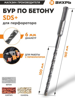 Набор буров Вихрь 73/10/7/2 по бетону Д=6мм Дл=160мм (1пред.) для перфораторов от магазина РЭССИ
