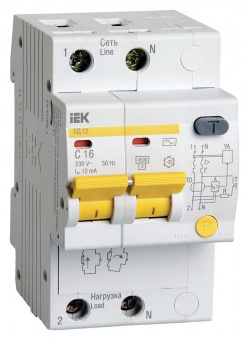 Выключатель автом. дифф. тока IEK MAD10-2-016-C-010 АД12 16A тип C 4.5kA 10мА AC 2П 230В 3мод белый (упак.:1шт) от магазина РЭССИ