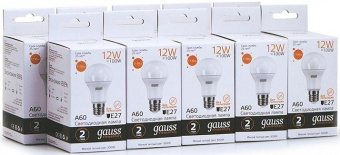 Лампа светодиодная Gauss Elementary 12Вт цок.:E27 груша 220B 3000K св.свеч.бел.теп. A60 (упак.:10шт) (23212) от магазина РЭССИ