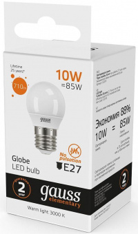 Лампа светодиодная Gauss Elementary 10Вт цок.:E27 шар 220B 3000K св.свеч.бел.теп. (упак.:10шт) (53210) от магазина РЭССИ