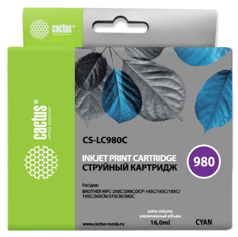 Картридж струйный Cactus CS-LC980C голубой (16мл) для Brother DCP-145C/165C/MFC-250C/290C от магазина РЭССИ