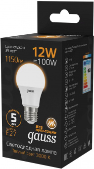 Лампа светодиодная Gauss A60 12Вт цок.:E27 шар 220B 3000K св.свеч.бел.теп. A60 (упак.:10шт) (102502112) от магазина РЭССИ