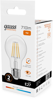 Лампа филам. Gauss Filament 9Вт цок.:E27 груша св.свеч.бел.теп. (упак.:10шт) (22219) от магазина РЭССИ