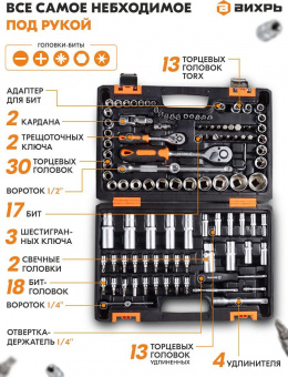 Набор инструментов Вихрь 1/2", 1/4", CrV 108 предметов (жесткий кейс) от магазина РЭССИ