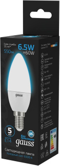 Лампа светодиодная Gauss 103101307 6.5Вт цок.:E14 свеча 220B 6500K св.свеч.бел.хол. (упак.:10шт) от магазина РЭССИ