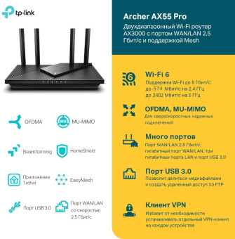 Роутер беспроводной TP-Link Archer AX55 Pro AX3000 100/1000/2500BASE-T черный от магазина РЭССИ