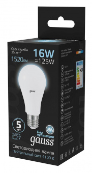Лампа светодиодная Gauss A60 16Вт цок.:E27 груша 220B 4100K св.свеч.бел.ней. (упак.:10шт) (102502216) от магазина РЭССИ