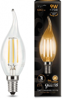 Лампа светодиодная Gauss Filament 9Вт цок.:E14 свеча на ветру 220B 2700K св.свеч.бел.теп. CF35 (упак.:1шт) (104801109) от магазина РЭССИ